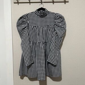 Black and White Checkered Puffed Sleeve Dress